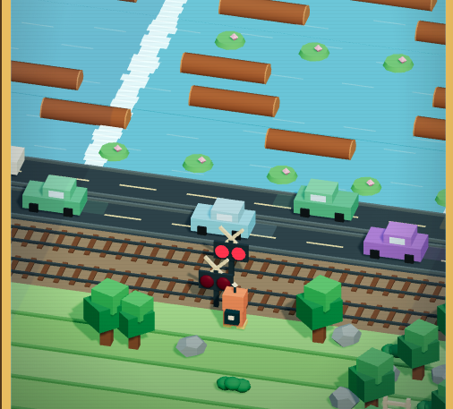 One Button Hopper gameplay with rivers, logs, traffic, railways, and the player character